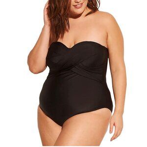 Kona Sol Plus Size Black Twist Bandeau One Piece Swimsuit NWT